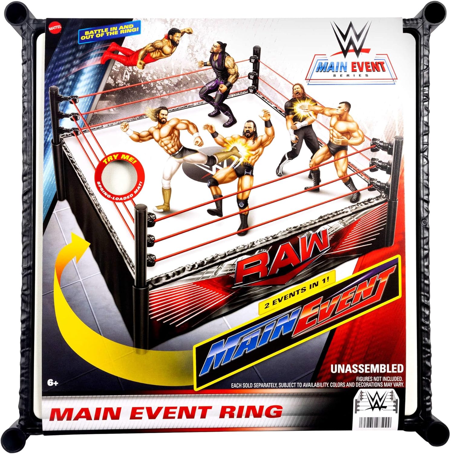 Mattel WWE Superstar Ring with Labels for Main Event & RAW, Spring-Loaded Ring Mat & Pro Tension Elastic Ring Ropes, JDJ20