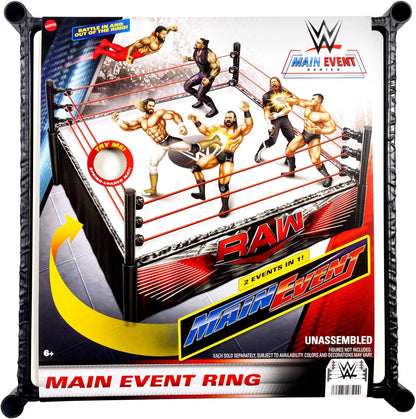 Mattel WWE Superstar Ring with Labels for Main Event & RAW, Spring-Loaded Ring Mat & Pro Tension Elastic Ring Ropes, JDJ20