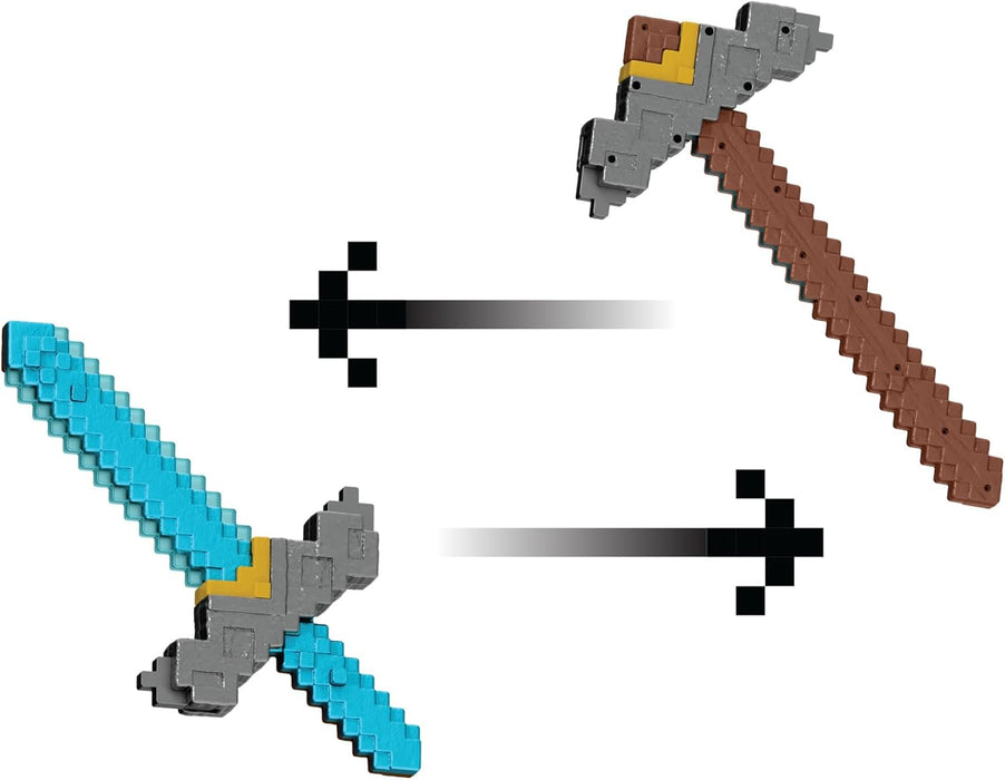 Mattel Minecraft Sword and Pickaxe 2-in-1 Toy, Button-Activated Click and Switch Role-Play Accessory Inspired by A Minecraft Movie, JFR72