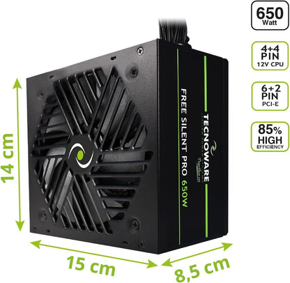 Tecnoware Power Systems Alimentatore Free Silent PRO 650 per PC Evoluti con Scheda Grafica NVIDIA GeForce GTX - RTX, Ventola Silenziosa, connettori PCI-E, CPU 4+4, SATA, Molex