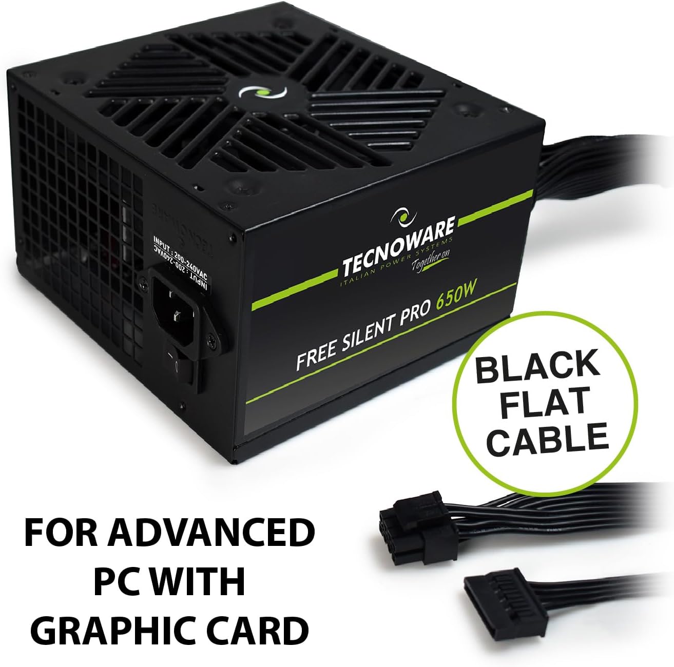Tecnoware Power Systems Alimentatore Free Silent PRO 650 per PC Evoluti con Scheda Grafica NVIDIA GeForce GTX - RTX, Ventola Silenziosa, connettori PCI-E, CPU 4+4, SATA, Molex