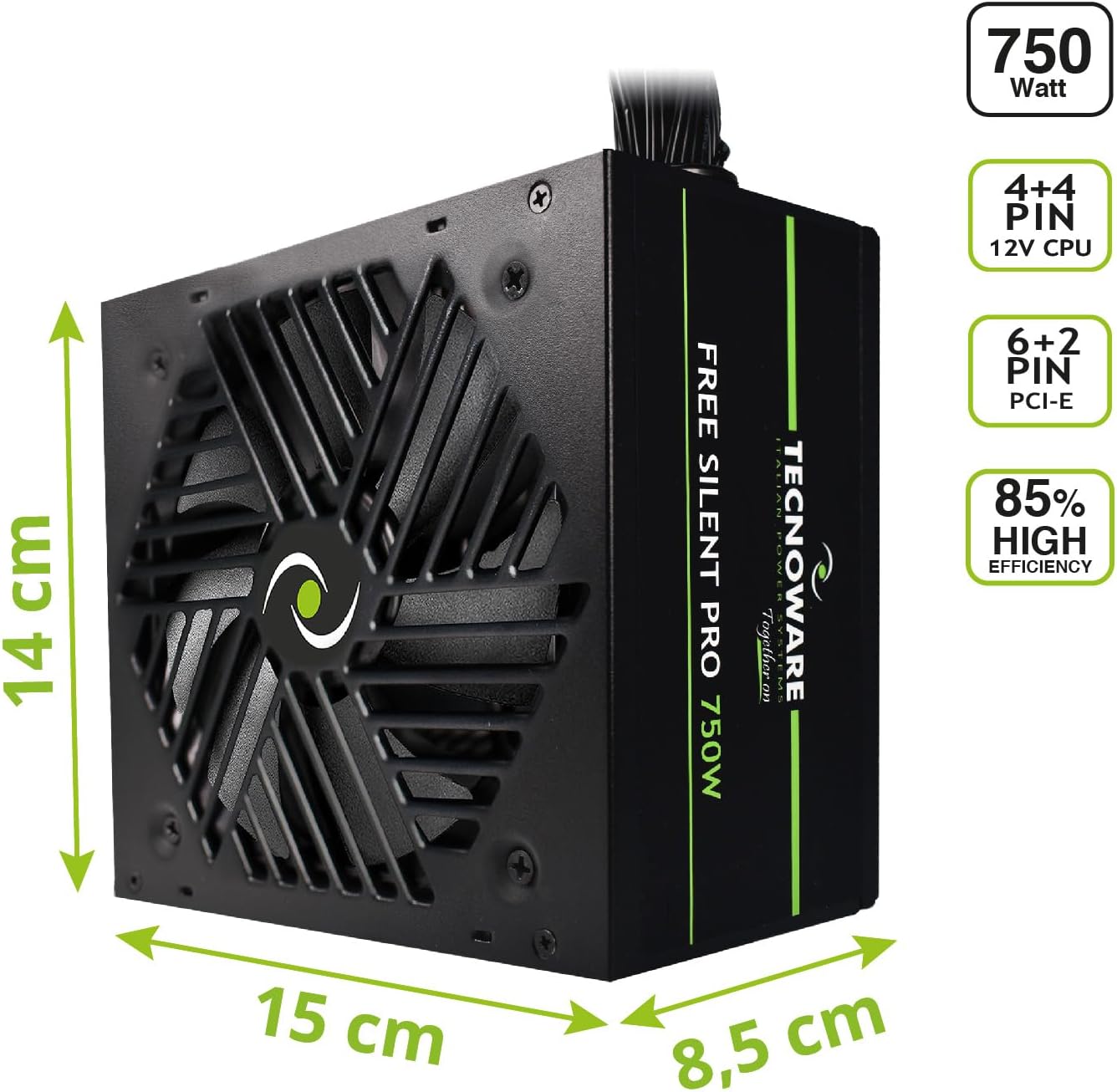 Tecnoware Alimentatore Free Silent PRO 750 per PC Evoluti con Scheda Grafica NVIDIA GeForce GTX - RTX, Ventola Silenziosa, connettori PCI-E, CPU 4+4, SATA, Molex