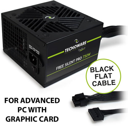 Tecnoware Alimentatore Free Silent PRO 750 per PC Evoluti con Scheda Grafica NVIDIA GeForce GTX - RTX, Ventola Silenziosa, connettori PCI-E, CPU 4+4, SATA, Molex