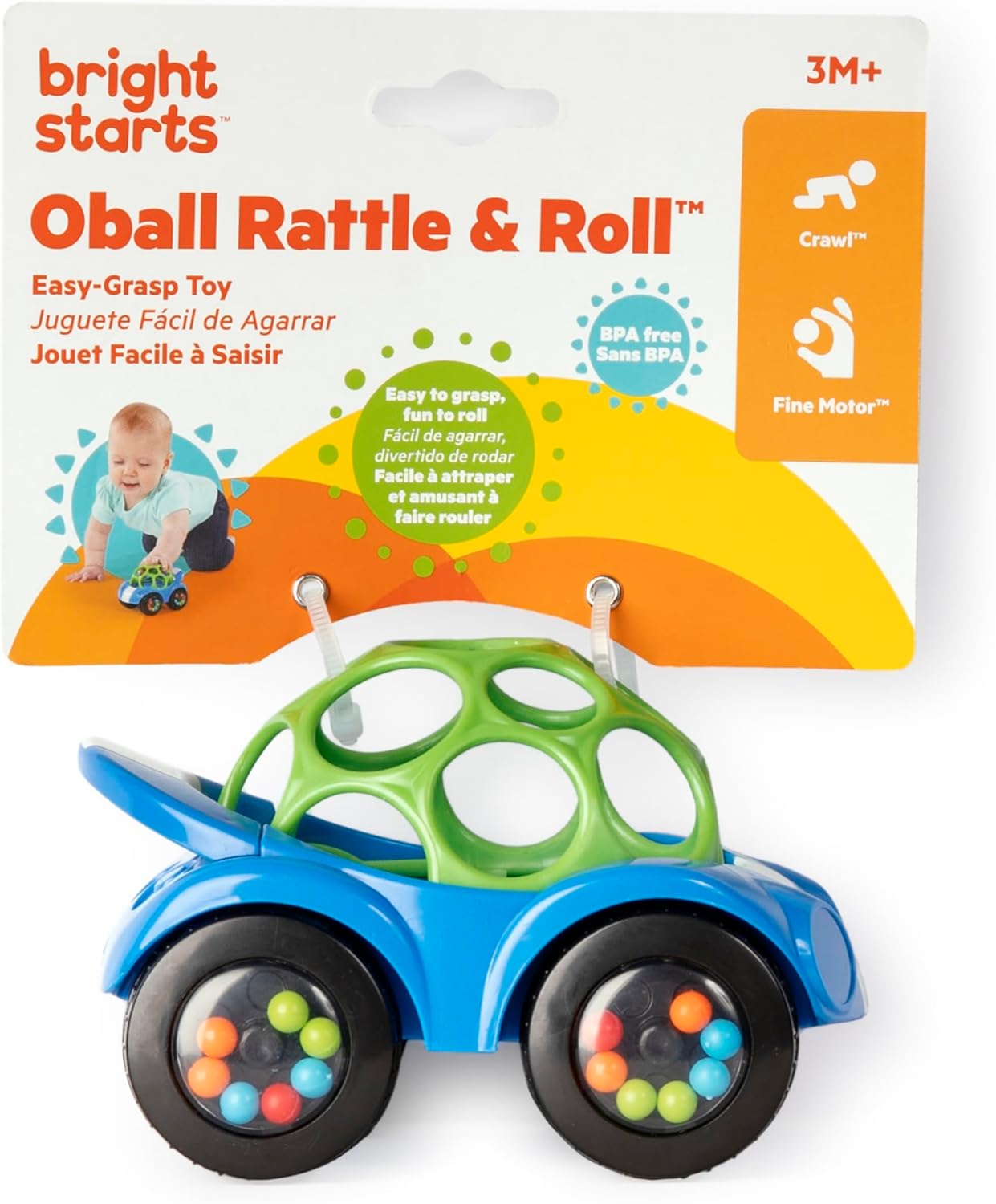 Bright Starts, Oball, Easy Grasp Rattle & Roll Toy Cochecito Deportivo sin BPA Juguete Infantil para Gatear, 1 Pack, a Partir de 3 Meses, Azul/Verde