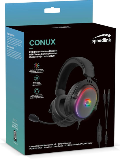 Speedlink CONUX RGB - Casque de Gaming Filaire avec Microphone pour PC, PS5, PS4, Xbox Series X/S, Switch, éclairage RGB, câble Jack 3,5mm et Adaptateur Y, Noir