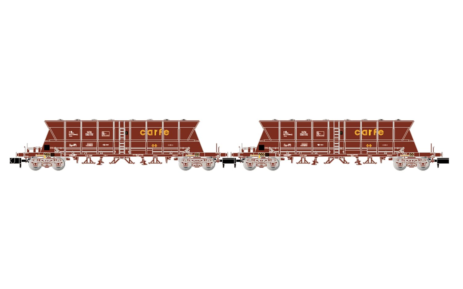 Arnold HN6671 Renfe, 2-Unit Pack 4-Axle Coal Hopper Wagons Faoos Saltra, Carfe, Brown Livery, Loaded W Coal, Ep IV-V Freight Wagons