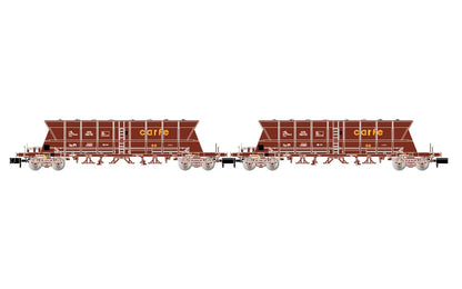 Arnold HN6671 Renfe, 2-Unit Pack 4-Axle Coal Hopper Wagons Faoos Saltra, Carfe, Brown Livery, Loaded W Coal, Ep IV-V Freight Wagons