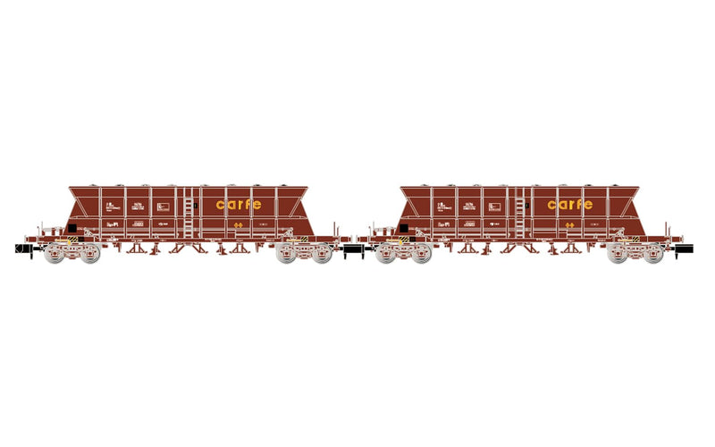 Arnold HN6671 Renfe, 2-Unit Pack 4-Axle Coal Hopper Wagons Faoos Saltra, Carfe, Brown Livery, Loaded W Coal, Ep IV-V Freight Wagons