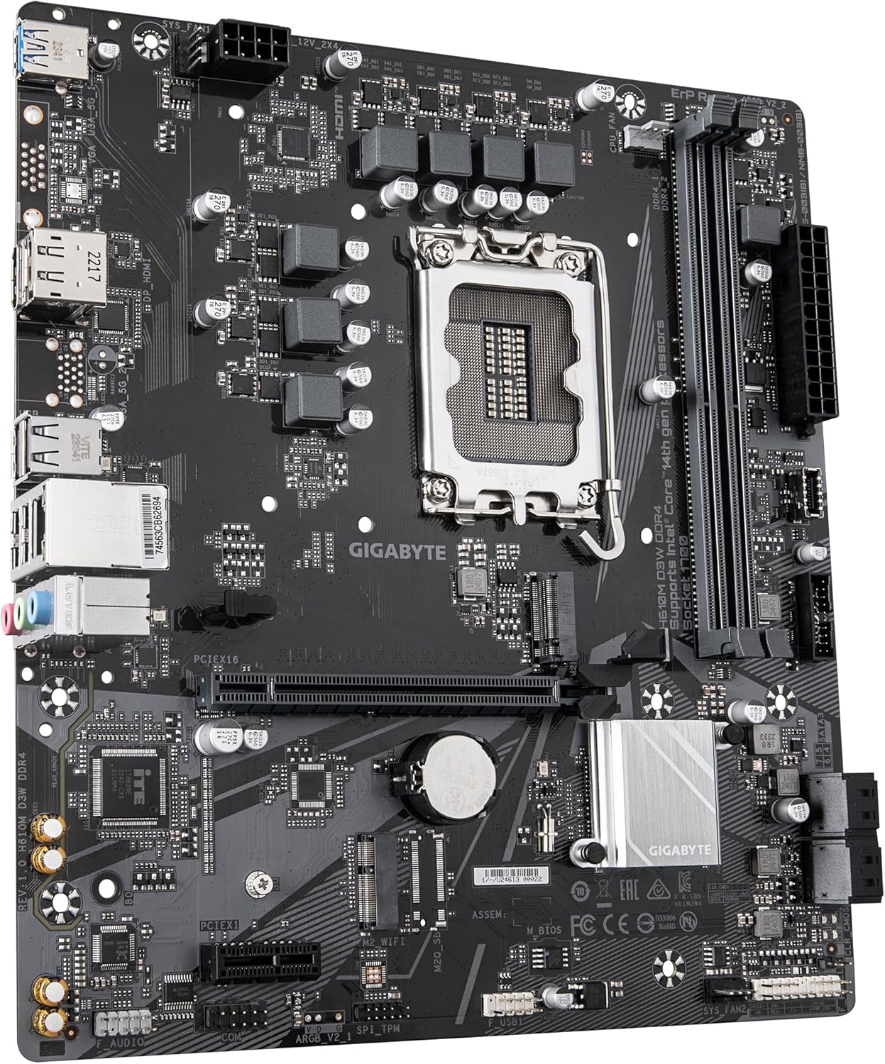 GIGABYTE H610M D3W DDR4 Motherboard - Supports 14th Gen. Intel Core CPUs, 5+1+1 phases VRM, up to 3200MHz DDR4, 1xPCIe 3.0 M.2, 1GbE LAN, USB 3.2 Gen 1