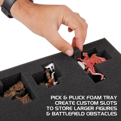 ENHANCE Carry Case for Mini Figures, Storage for 108 Large Figures on 4 Levels Foam Travel Bag with Book Compartment and 2 Pockets for Dice and Tokens