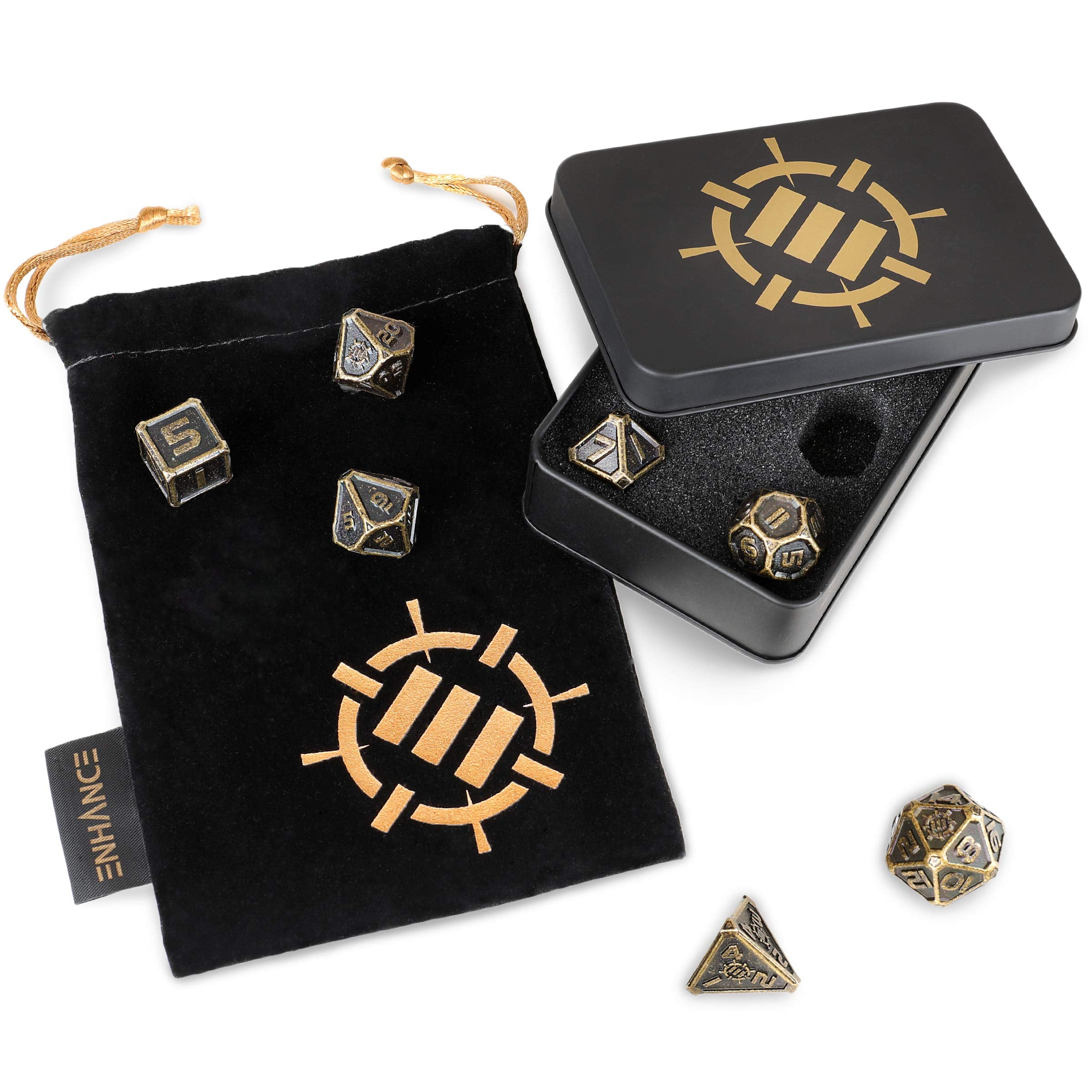ENHANCE DnD Metal Dice Set - 7pc Polyhedral Dice with Storage Case and Drawstring Bag - Solid Metal Set for Dungeons and Dragons, Pathfinder, more RPGs (Ancient Bronze