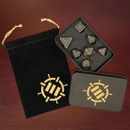 ENHANCE DnD Metal Dice Set - 7pc Polyhedral Dice with Storage Case and Drawstring Bag - Solid Metal Set for Dungeons and Dragons, Pathfinder, more RPGs (Ancient Bronze