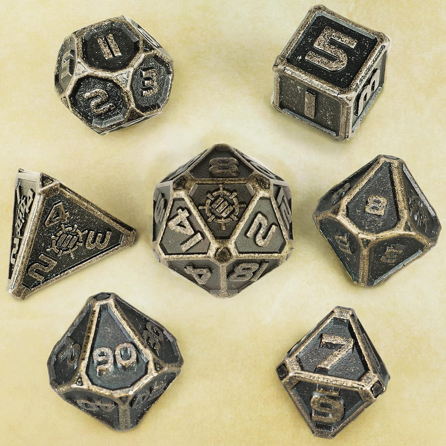 ENHANCE DnD Metal Dice Set - 7pc Polyhedral Dice with Storage Case and Drawstring Bag - Solid Metal Set for Dungeons and Dragons, Pathfinder, more RPGs (Ancient Bronze