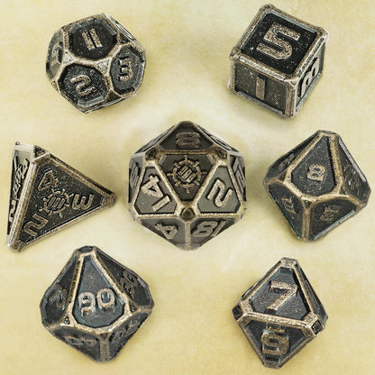 ENHANCE DnD Metal Dice Set - 7pc Polyhedral Dice with Storage Case and Drawstring Bag - Solid Metal Set for Dungeons and Dragons, Pathfinder, more RPGs (Ancient Bronze