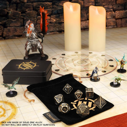 ENHANCE DnD Metal Dice Set - 7pc Polyhedral Dice with Storage Case and Drawstring Bag - Solid Metal Set for Dungeons and Dragons, Pathfinder, more RPGs (Ancient Bronze