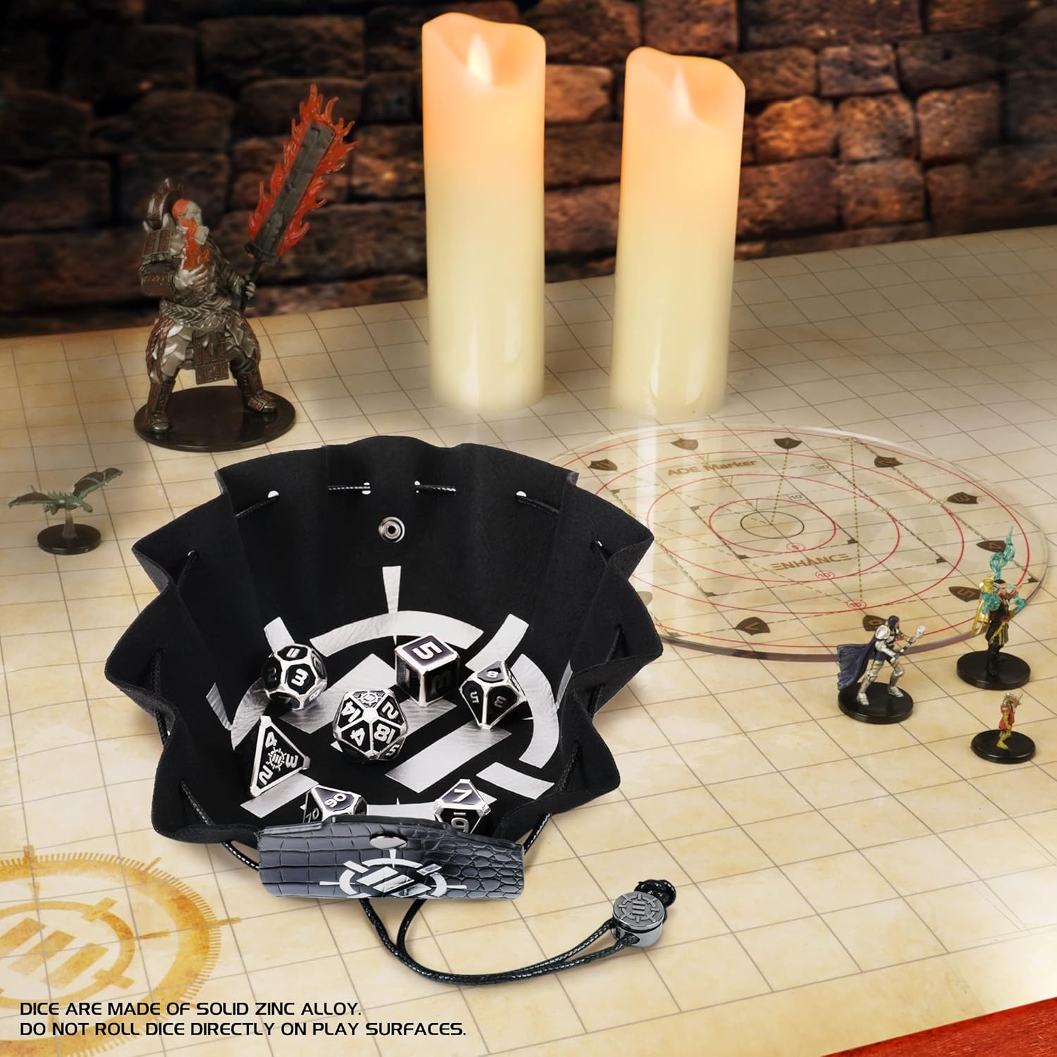 ENHANCE DnD Metal Dice Set - 7pc Polyhedral Dice with 2-in-1 Vegan Leather Bag and Tray, Solid Metal Set for Dungeons and Dragons, Pathfinder, more RPGs (Collector's Edition Black