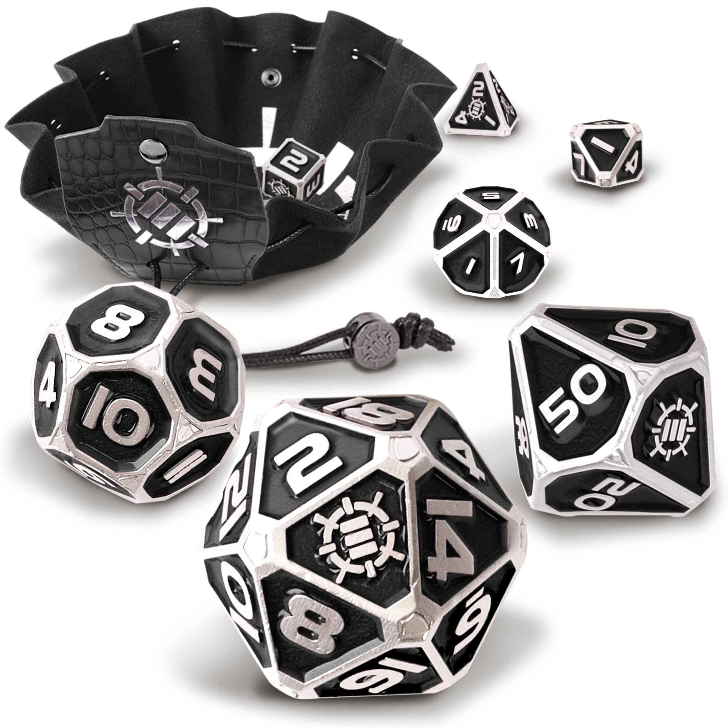 ENHANCE DnD Metal Dice Set - 7pc Polyhedral Dice with 2-in-1 Vegan Leather Bag and Tray, Solid Metal Set for Dungeons and Dragons, Pathfinder, more RPGs (Collector's Edition Black