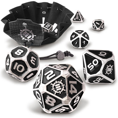ENHANCE DnD Metal Dice Set - 7pc Polyhedral Dice with 2-in-1 Vegan Leather Bag and Tray, Solid Metal Set for Dungeons and Dragons, Pathfinder, more RPGs (Collector's Edition Black