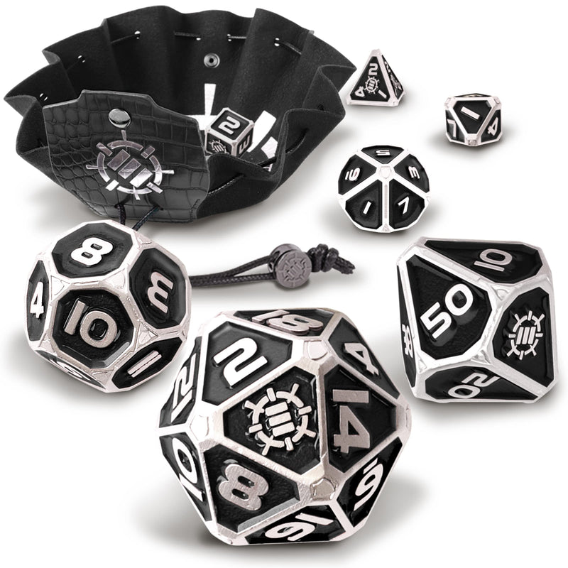 ENHANCE DnD Metal Dice Set - 7pc Polyhedral Dice with 2-in-1 Vegan Leather Bag and Tray, Solid Metal Set for Dungeons and Dragons, Pathfinder, more RPGs (Collector's Edition Black