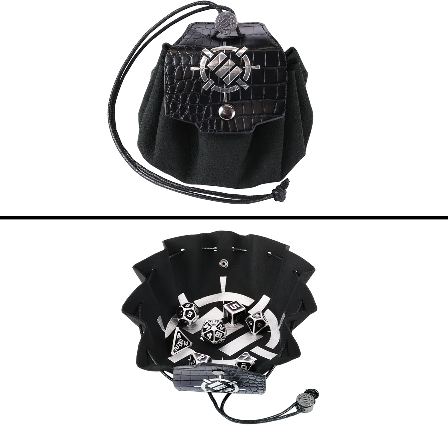 ENHANCE DnD Metal Dice Set - 7pc Polyhedral Dice with 2-in-1 Vegan Leather Bag and Tray, Solid Metal Set for Dungeons and Dragons, Pathfinder, more RPGs (Collector's Edition Black
