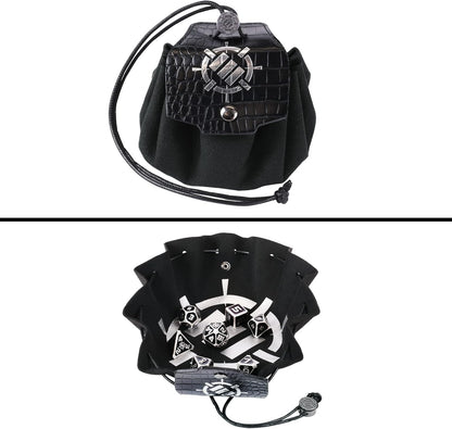 ENHANCE DnD Metal Dice Set - 7pc Polyhedral Dice with 2-in-1 Vegan Leather Bag and Tray, Solid Metal Set for Dungeons and Dragons, Pathfinder, more RPGs (Collector's Edition Black