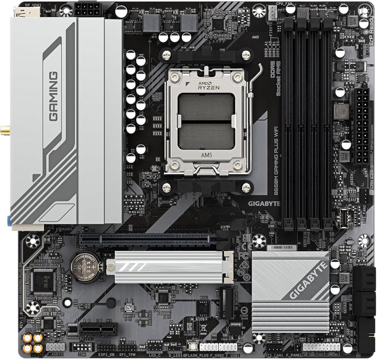 GIGABYTE B650M GAMING PLUS WIFI Motherboard - AMD Ryzen 9000 CPUs, 5+2+2 Phases VRM, up to 8000MHz DDR5, 2xPCIe 4.0 M.2, 2.5GbE LAN, WIFI 6E, USB 3.2 Gen 1