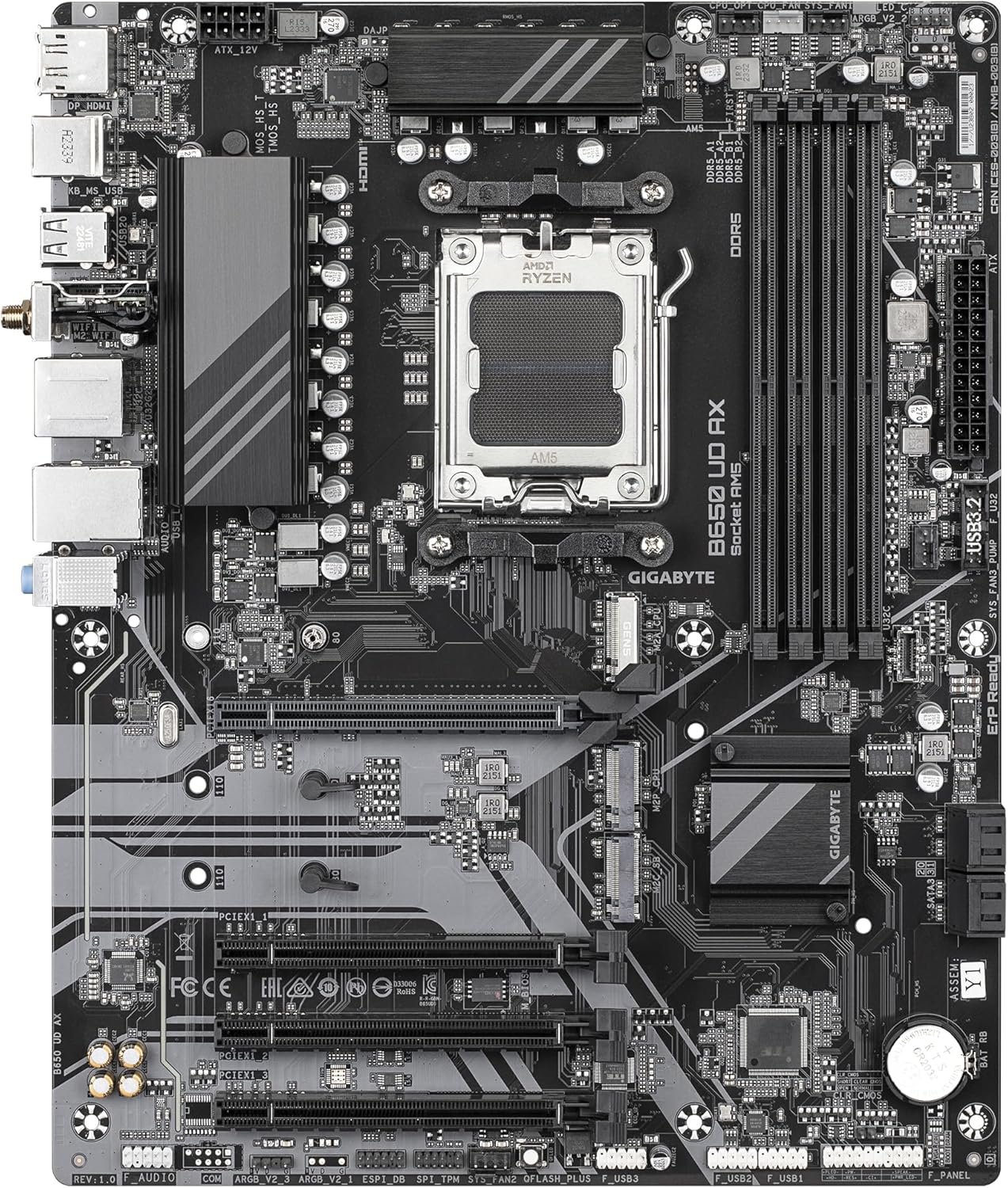 GIGABYTE B650 UD AX Motherboard - AMD Ryzen 9000 Series CPUs, 6+2+2 Phases VRM, up to 7600MHz DDR5 (OC), 1xPCIe 5.0 + 2xPCIe 4.0 M.2, GbE LAN, WIFI 6, USB 3.2 Gen 2