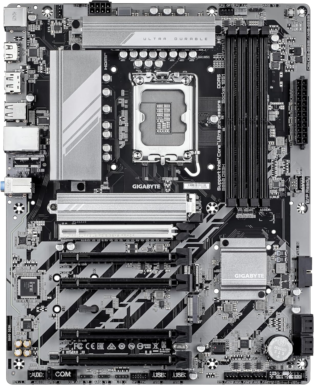 GIGABYTE B860 DS3H Motherboard - Supports Intel Core Ultra CPUs, 8+1+2+2 phases VRM, up to 9066MHz DDR5, 1xPCIe 5.0 + 1xPCIe 4.0 M.2, 2.5 GbE LAN, USB 3.2 Gen 2x2
