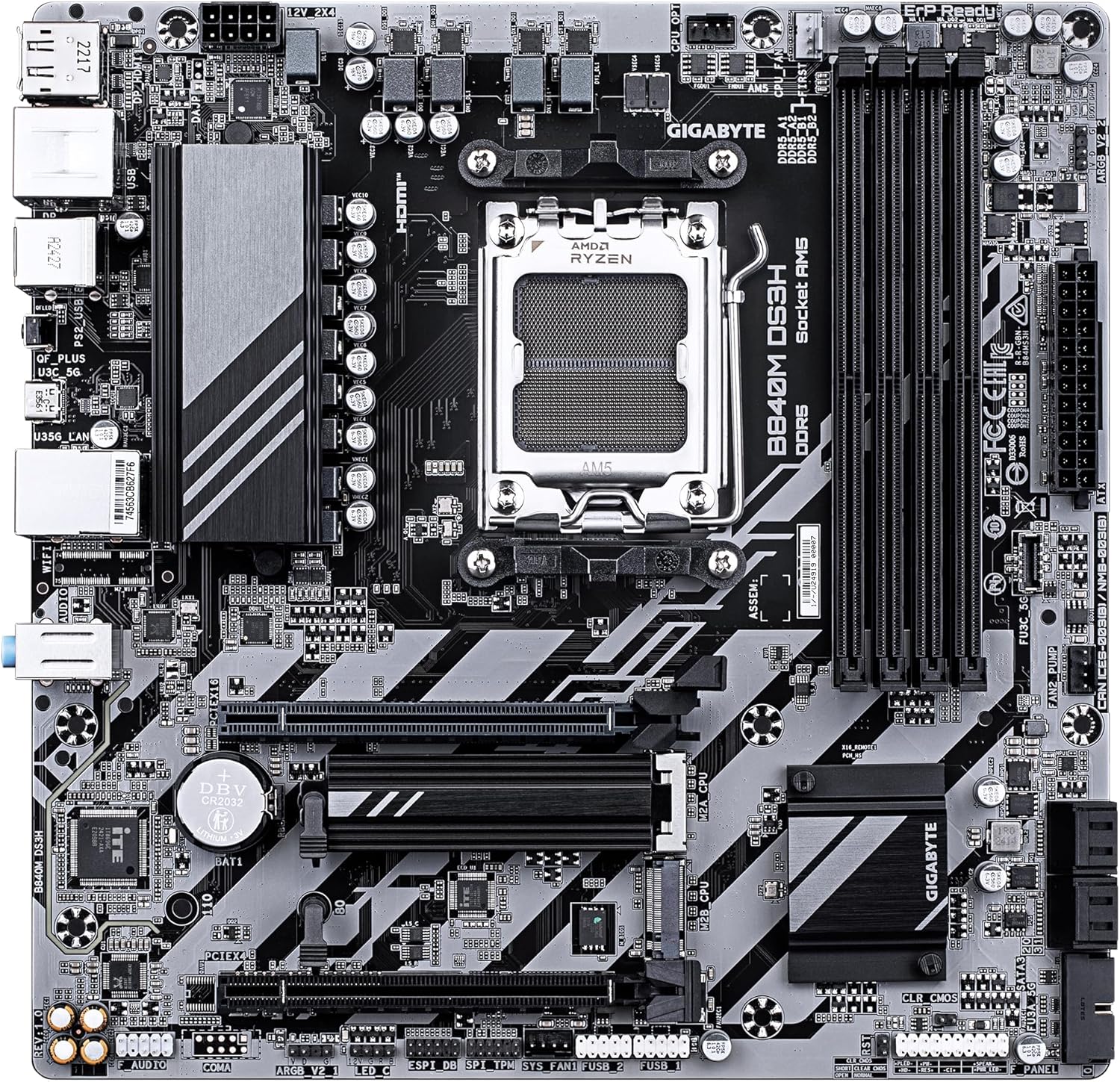GIGABYTE B840M DS3H Motherboard - AMD Ryzen 9000 CPUs, 8+2+2 Phases VRM, up to 8200MHz DDR5, 2xPCIe 4.0 M.2, 2.5GbE LAN, USB 3.2 Gen 1