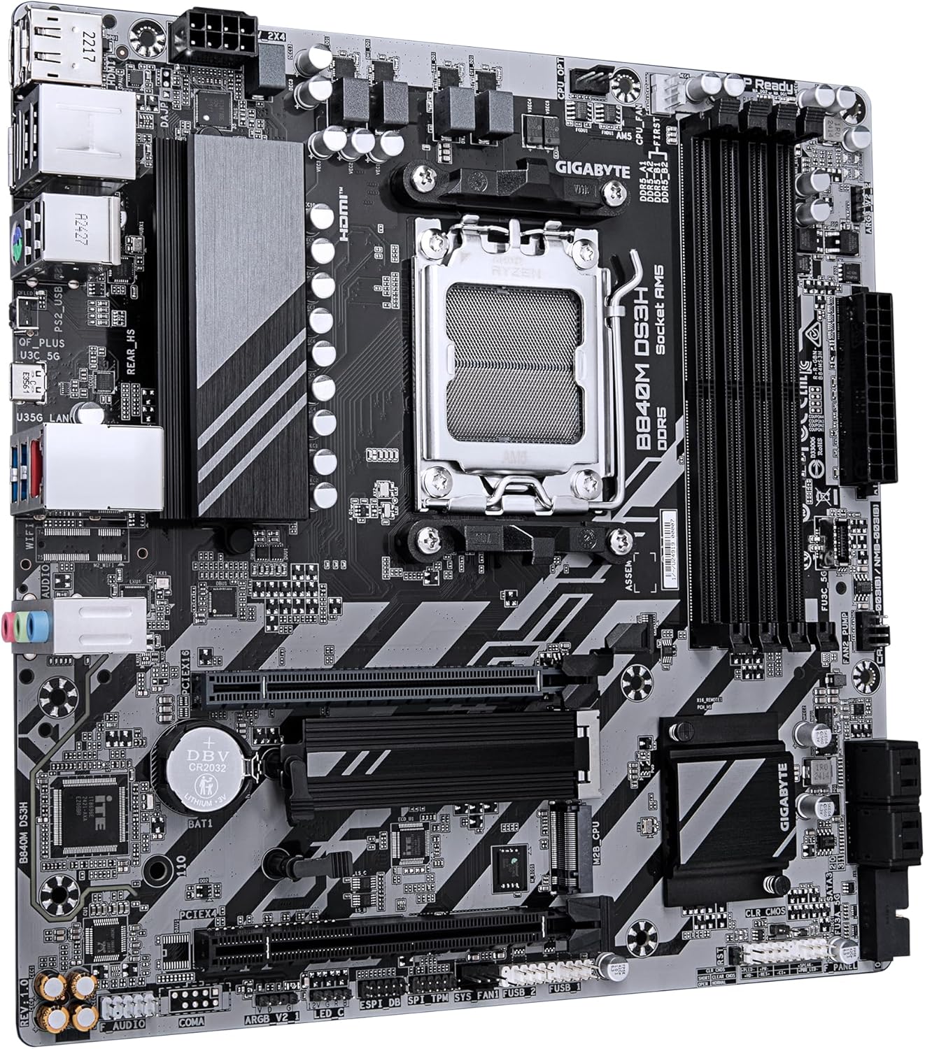 GIGABYTE B840M DS3H Motherboard - AMD Ryzen 9000 CPUs, 8+2+2 Phases VRM, up to 8200MHz DDR5, 2xPCIe 4.0 M.2, 2.5GbE LAN, USB 3.2 Gen 1