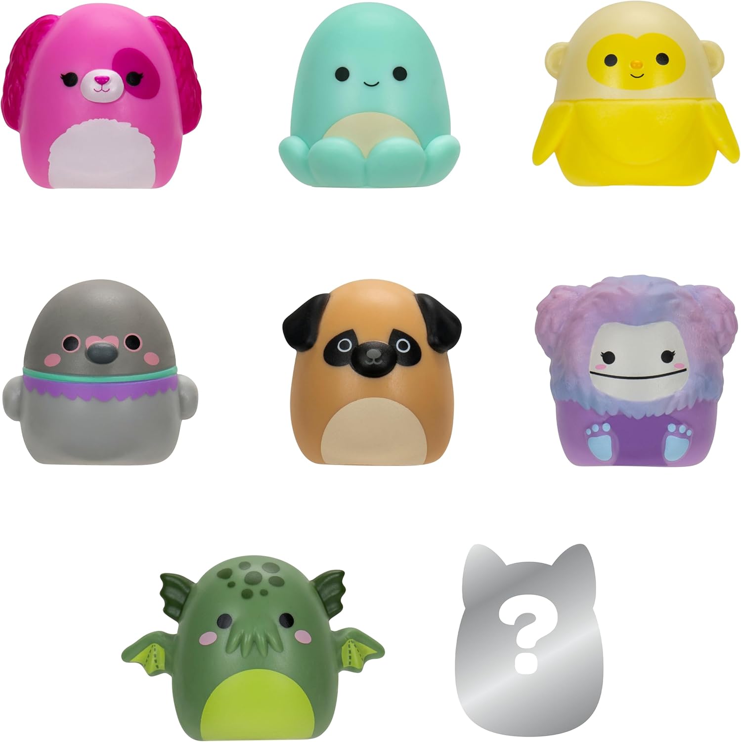 Squish-a-longs Paquete de 8 (estilo 1- W2) – (8) Mini-Squish de 1 pulgada con (2) accesorios, (1) anillo y una guía de coleccionista - Colecciona, intercambia y juega