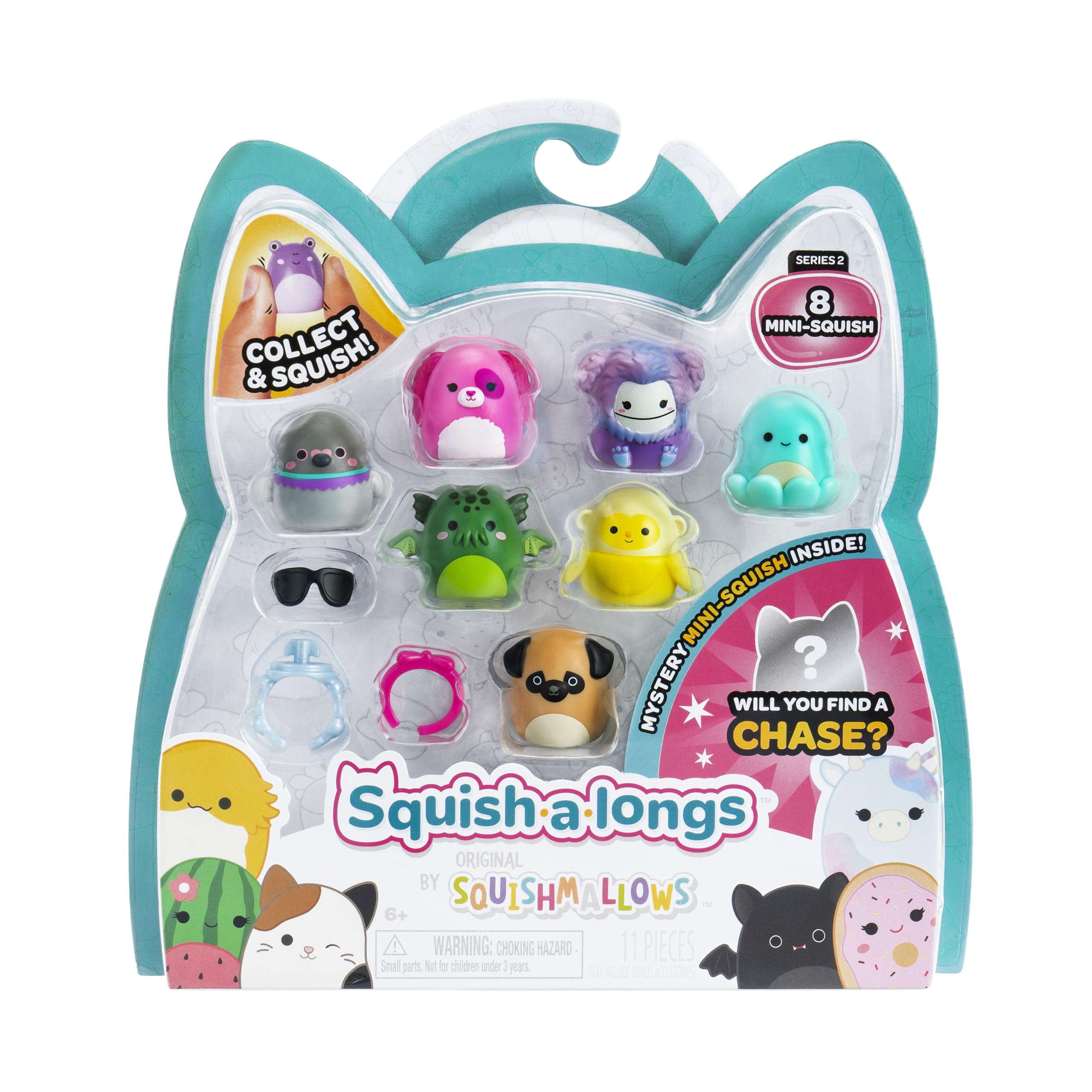 Squish-a-longs Paquete de 8 (estilo 1- W2) – (8) Mini-Squish de 1 pulgada con (2) accesorios, (1) anillo y una guía de coleccionista - Colecciona, intercambia y juega