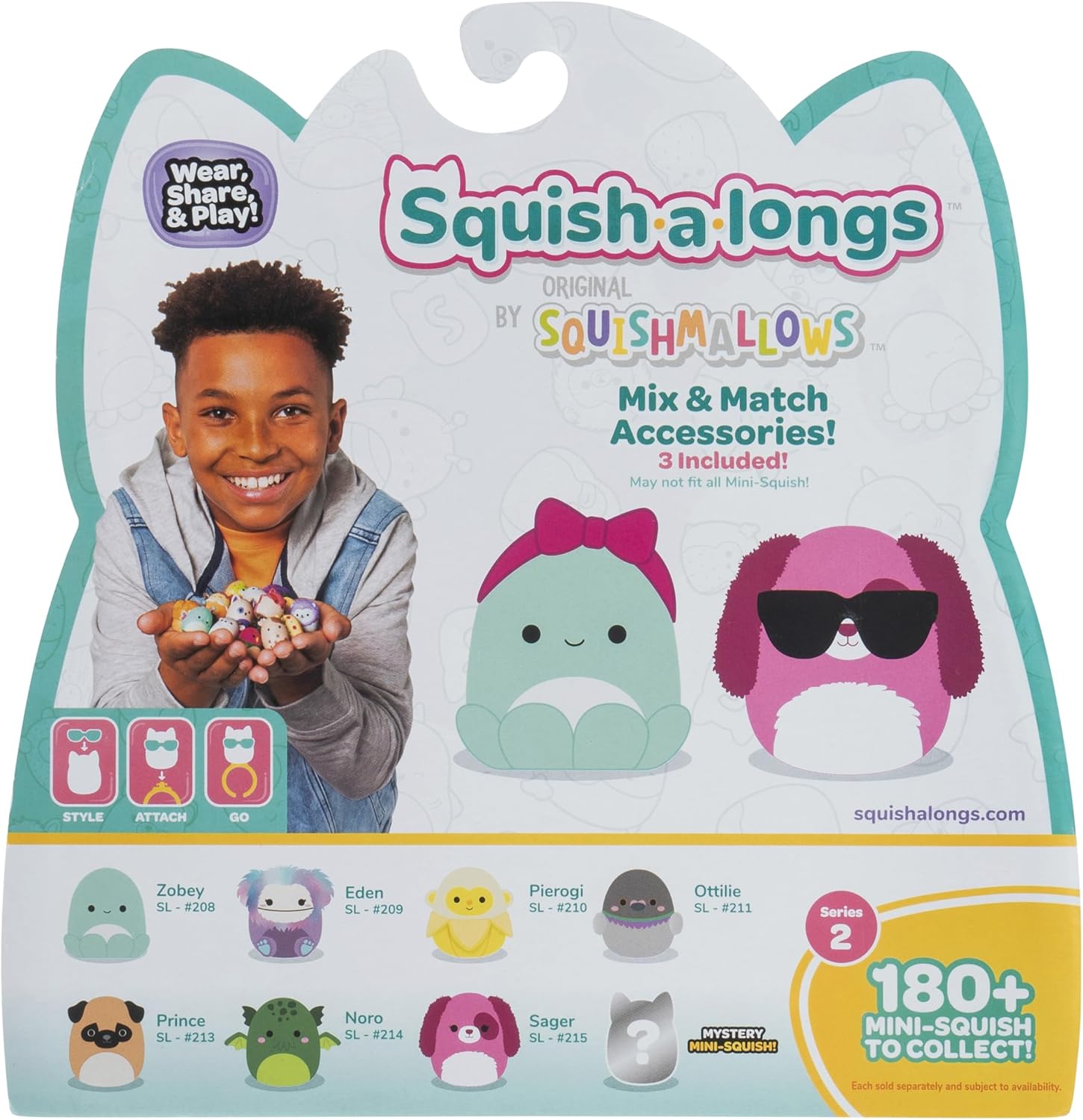 Squish-a-longs Paquete de 8 (estilo 1- W2) – (8) Mini-Squish de 1 pulgada con (2) accesorios, (1) anillo y una guía de coleccionista - Colecciona, intercambia y juega