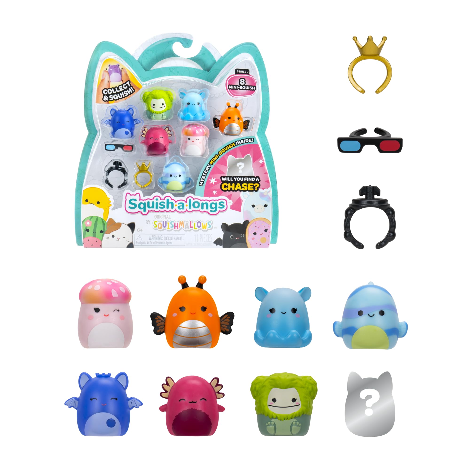 Squish-a-longs 8 Pack (STYLE 2- W2) - (8) 1” Mini-Squish with (2) Accessories, (1) Ring, and a Collector’s Guide - Collect, Trade, & Play