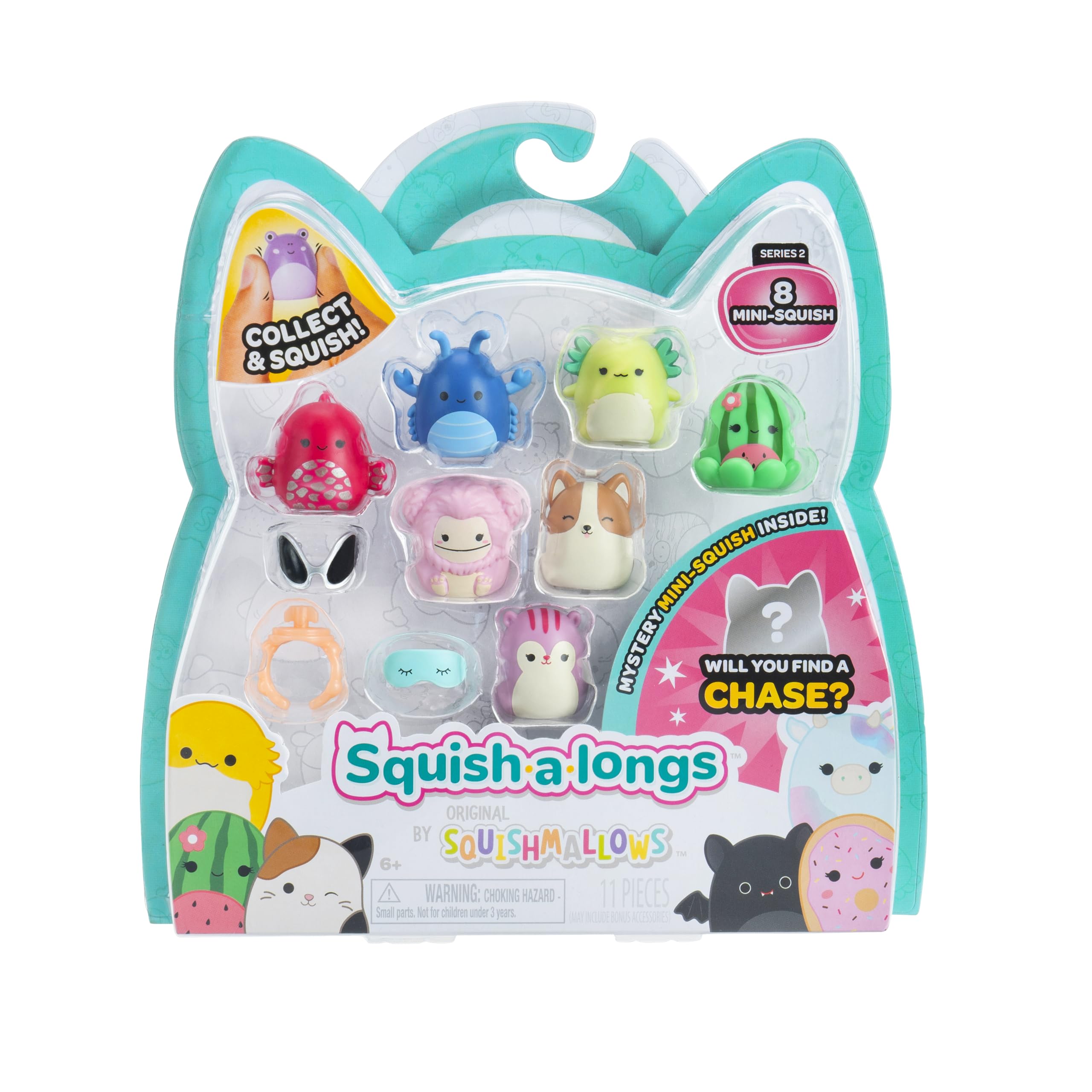 Squish-a-longs 8 Stück (Stil 3 - W2) – (8) 2,5 cm Mini-Squish mit (2) Zubehör, (1) Ring und einem Sammlerhandbuch – Sammeln, Handeln und Spielen