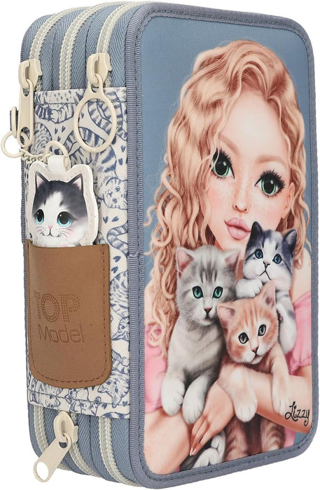 Topmodel - Triple Pencil Case Cat Love - Light Blue And Cream (413271)