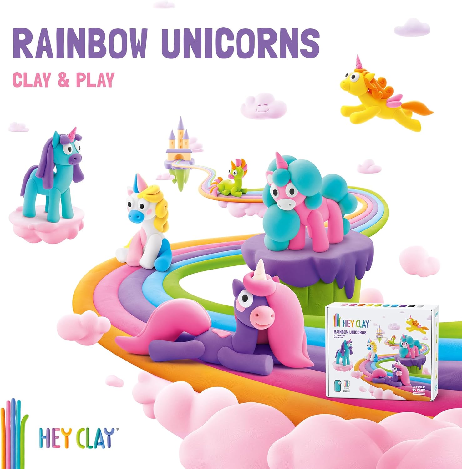 Hey Clay Rainbow Unicorns 15 Cans Set - Colourful Modelling Kids Air-Dry Clay Set 15 Cans with Sculpting Tools and Fun Interactive Instructions