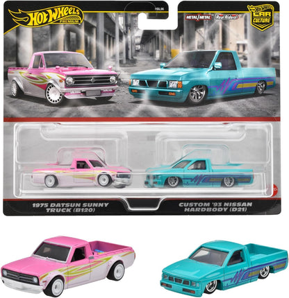 Hot Wheels  Premium Car Culture  Real Riders 2pack 1975 Datsun Sunny Truck B120  Custom 93 Nissan Nardbody D21 Toys