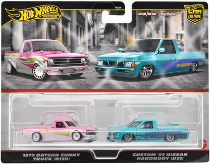 Hot Wheels  Premium Car Culture  Real Riders 2pack 1975 Datsun Sunny Truck B120  Custom 93 Nissan Nardbody D21 Toys