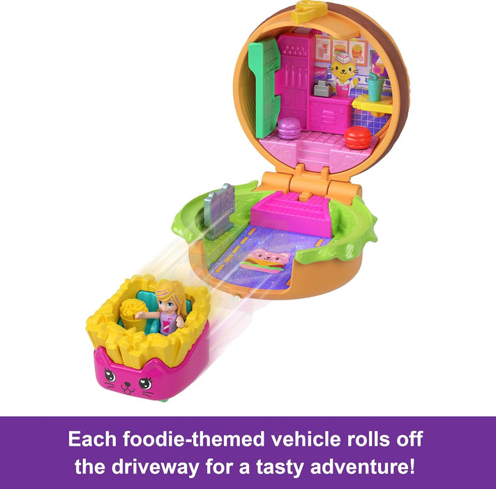 Polly Pocket Micro Dolls & Compacts with Toy Cars, Food Theme Vehicle Collection, Tiny Take Out Reveal Assortment with Surprises, JCR44