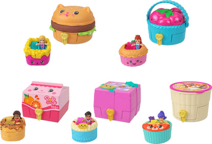 Polly Pocket Micro Dolls & Compacts with Toy Cars, Food Theme Vehicle Collection, Tiny Take Out Reveal Assortment with Surprises, JCR44