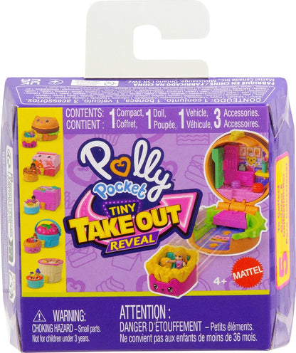 Polly Pocket Micro Dolls & Compacts with Toy Cars, Food Theme Vehicle Collection, Tiny Take Out Reveal Assortment with Surprises, JCR44