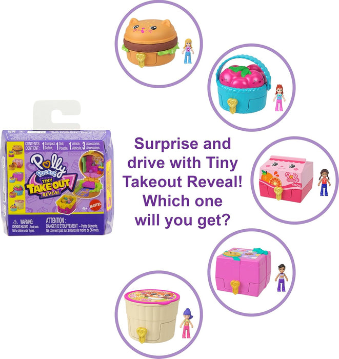 Polly Pocket Micro Dolls & Compacts with Toy Cars, Food Theme Vehicle Collection, Tiny Take Out Reveal Assortment with Surprises, JCR44
