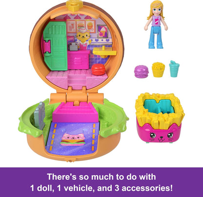 Polly Pocket Micro Dolls & Compacts with Toy Cars, Food Theme Vehicle Collection, Tiny Take Out Reveal Assortment with Surprises, JCR44