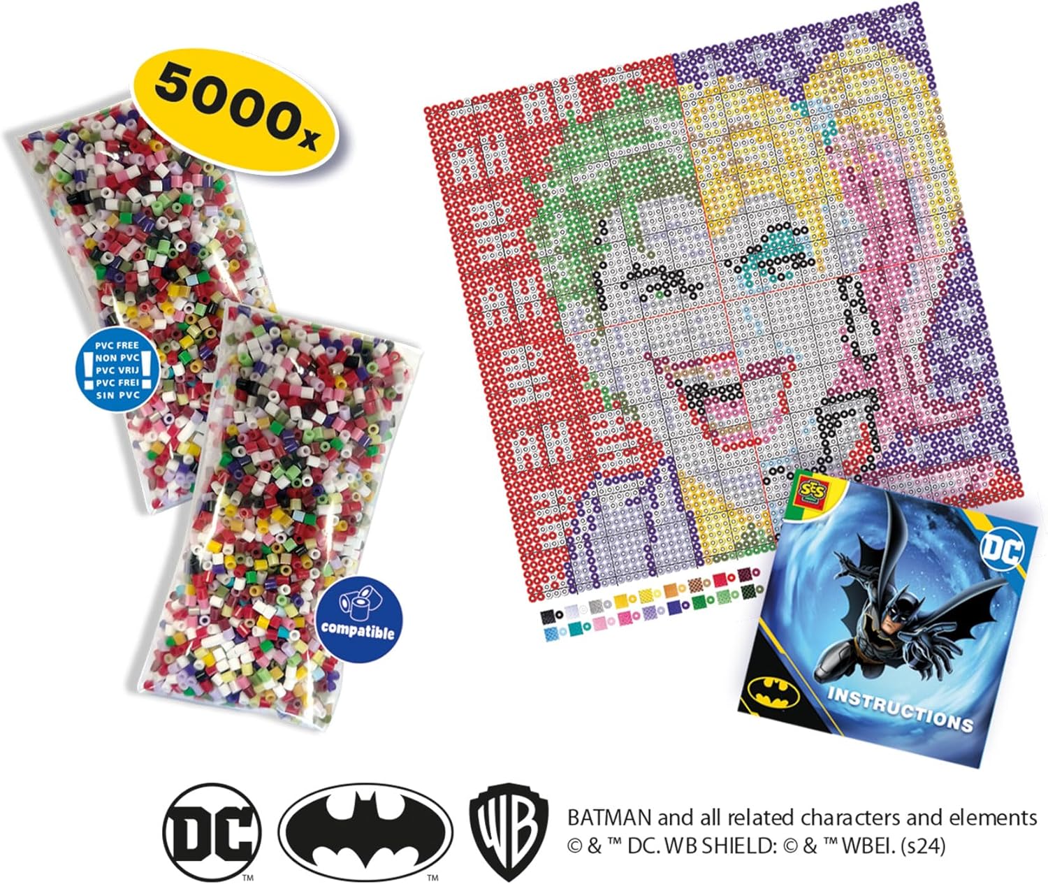 SES Creative 09363 Beedz Art - Joker or Harley Quinn - Create a Split-Face Portrait with Ironing Beads - 5000 Beads - Crafting for Adults