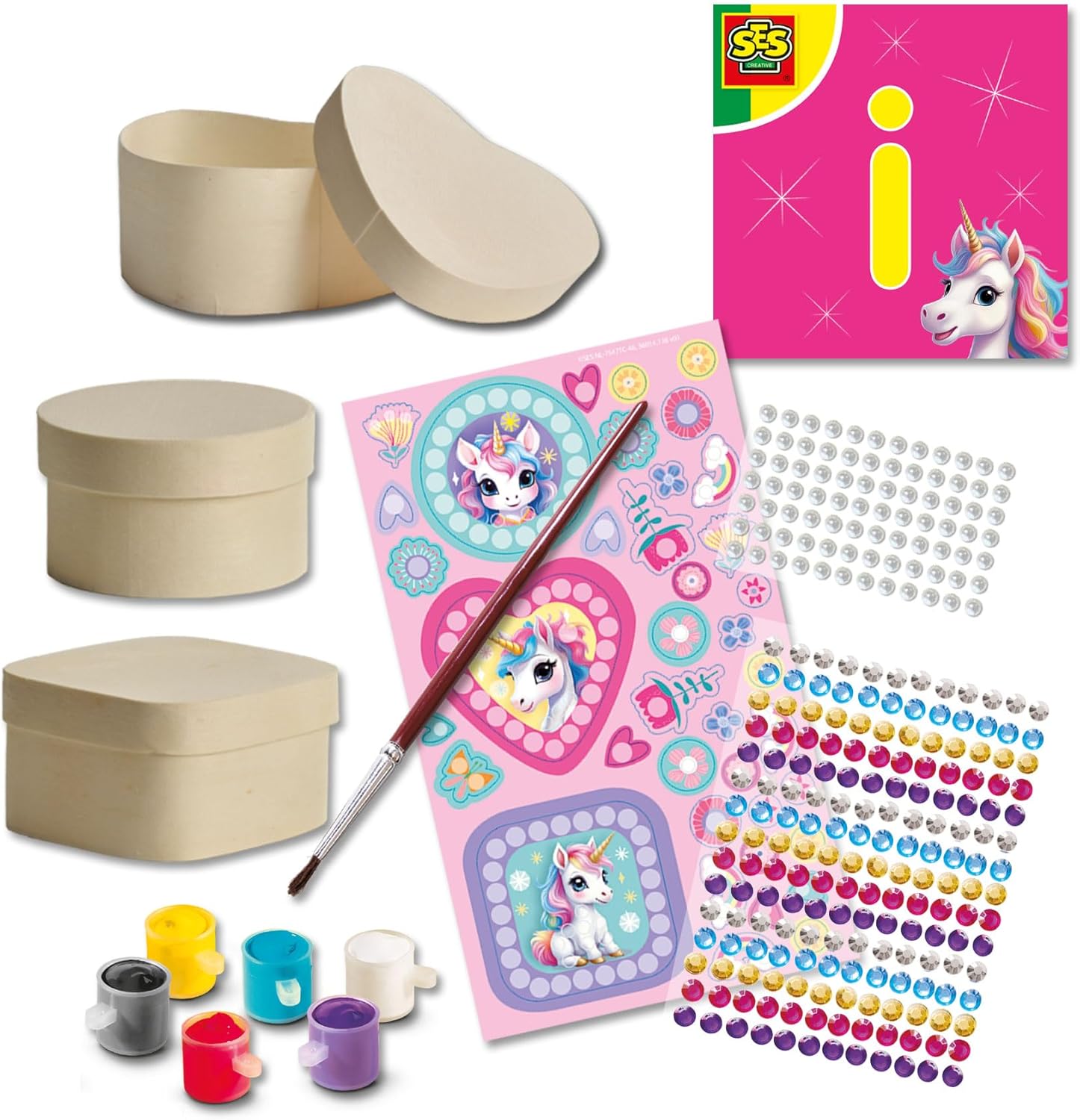 SES Creative 14138 Unicorn - Diamond Painting Wooden Jewelry Boxes - Creative Craft Kit for Kids Aged 5+ - Decorate 3 Wooden Boxes