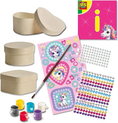 SES Creative 14138 Unicorn - Diamond Painting Wooden Jewelry Boxes - Creative Craft Kit for Kids Aged 5+ - Decorate 3 Wooden Boxes