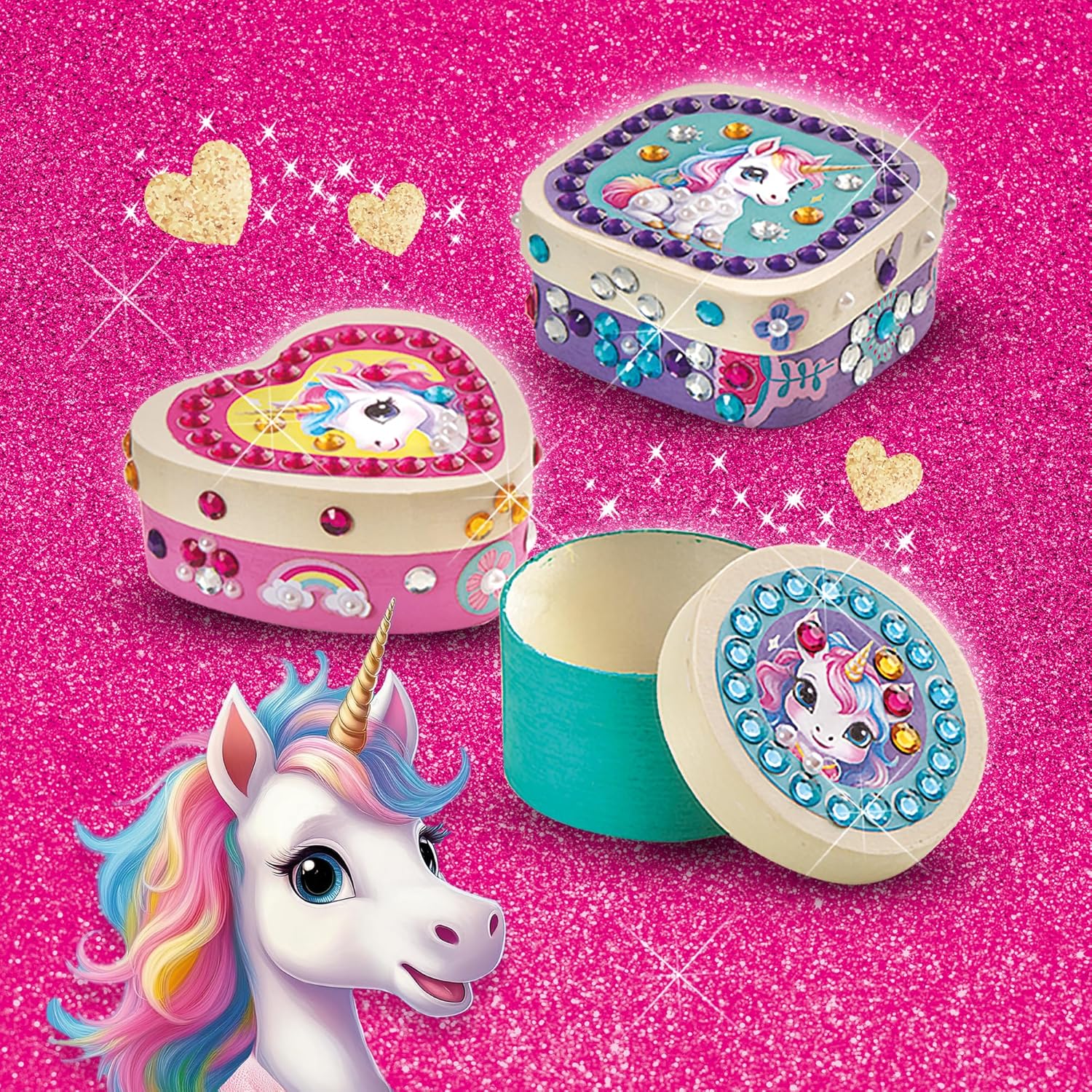 SES Creative 14138 Unicorn - Diamond Painting Wooden Jewelry Boxes - Creative Craft Kit for Kids Aged 5+ - Decorate 3 Wooden Boxes
