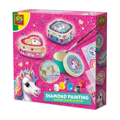 SES Creative 14138 Unicorn - Diamond Painting Wooden Jewelry Boxes - Creative Craft Kit for Kids Aged 5+ - Decorate 3 Wooden Boxes