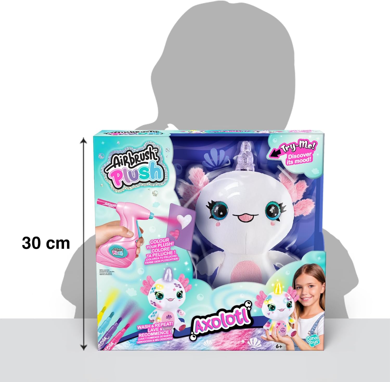 Airbrush Plush Light-Up Axolotl, Decorate Your own Plush, wash Off & Repeat!, Light up Magic Horn, Lights up to Show The Axalotls Feelings, Jam Packed, Fun Filled Gift for Ages 6+